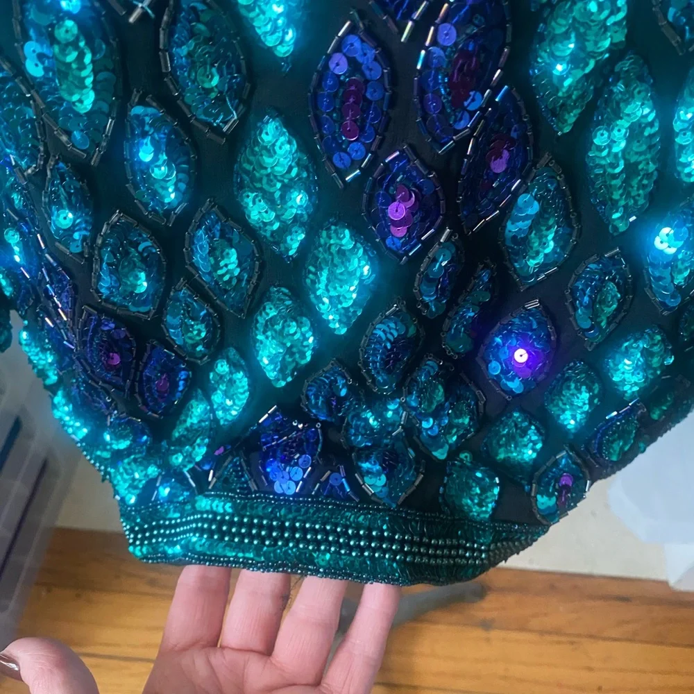 Vintage 80s Oleg Cassini Black Tie Black Silk Jacket Designer Turquoise Purple M - Picture 6 of 8